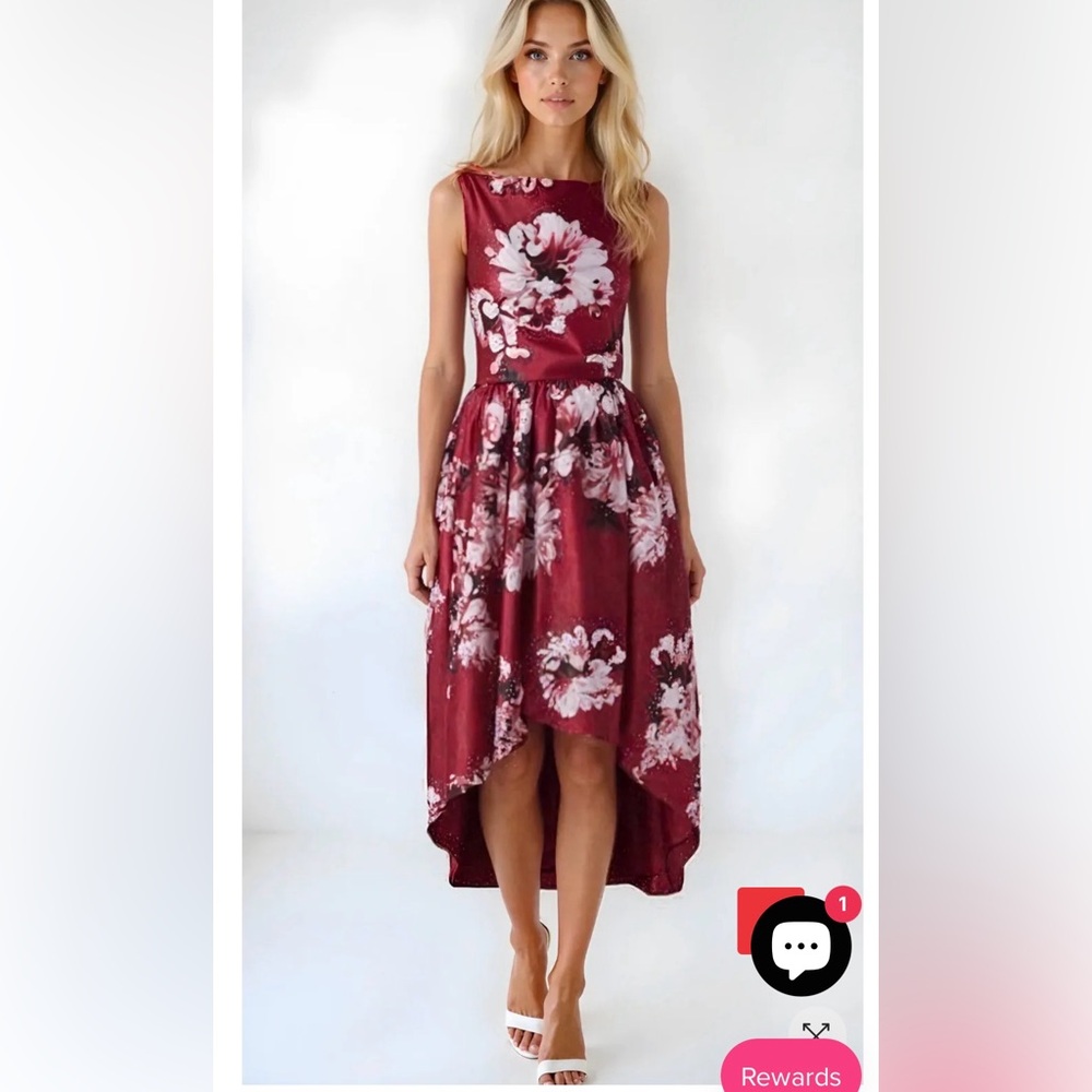 Tahari Burgundy Floral High‑Low Dress